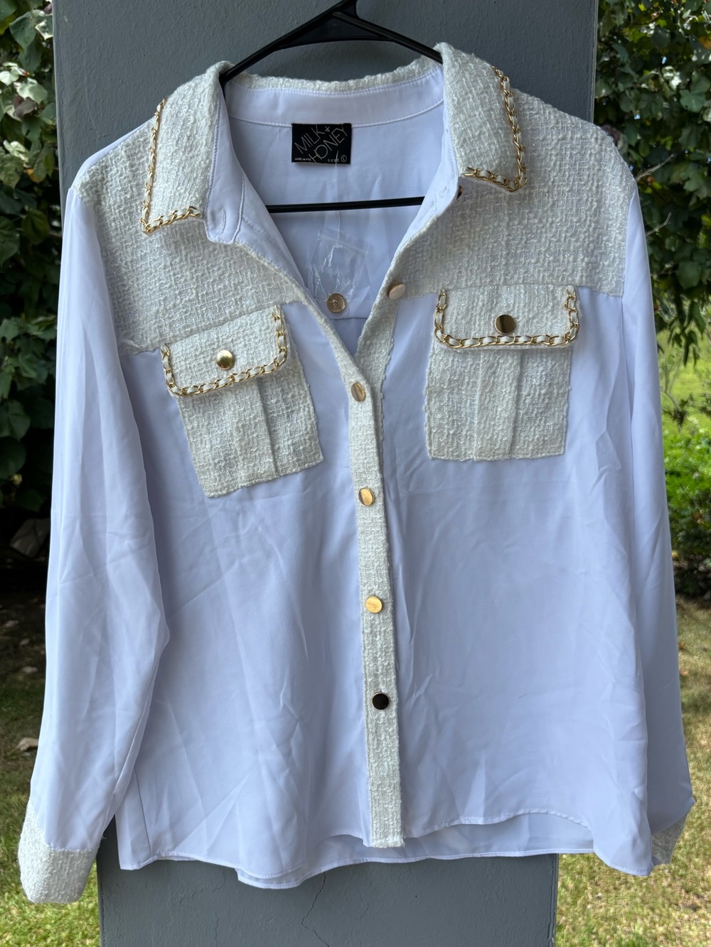 White Mixed-Fabric Long Sleeve Shirt with Gold Chain Trim - MILA & DOVE